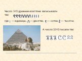 Число 345 древние египтяне записывали так: , где — единицы, — десятки, — сотни, — тысячи. А число 3240 писали так:
