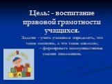 Цель: - воспитание правовой грамотности учащихся. Задачи: - учить учащихся определять, что такое «можно», а что такое «нельзя»; - формировать коммуникативные умения школьников.