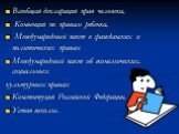 Всеобщая декларация прав человека, Конвенция по правам ребенка, Международный пакт о гражданских и политических правах Международный пакт об экономических, социальных культурных правах Конституция Российской Федерации, Устав школы.