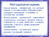 Методология оценки. Первый уровень – планируемый, тот, который заложен в государственных образовательных стандартах и реализован в учебниках и методических пособиях. Второй уровень – реализуемый – характеризует те результаты, к которым стремится учитель, – в зависимости от своих личностных установок