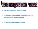 Ток короткого замыкания Правила электробезопасности в различных помещениях Плавкие предохранители. Аспекты жизнедеятельности человека: