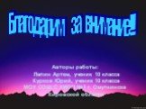 Благодарим за внимание!!! Авторы работы: Лапин Артем, ученик 10 класса Курков Юрий, ученик 10 класса МОУ СОШ С УИОП №1 г. Омутнинска Кировской области