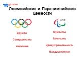 Олимпийские и Паралимпийские ценности. Дружба Совершенство Уважение. Мужество Равенство Целеустремленность Воодушевление