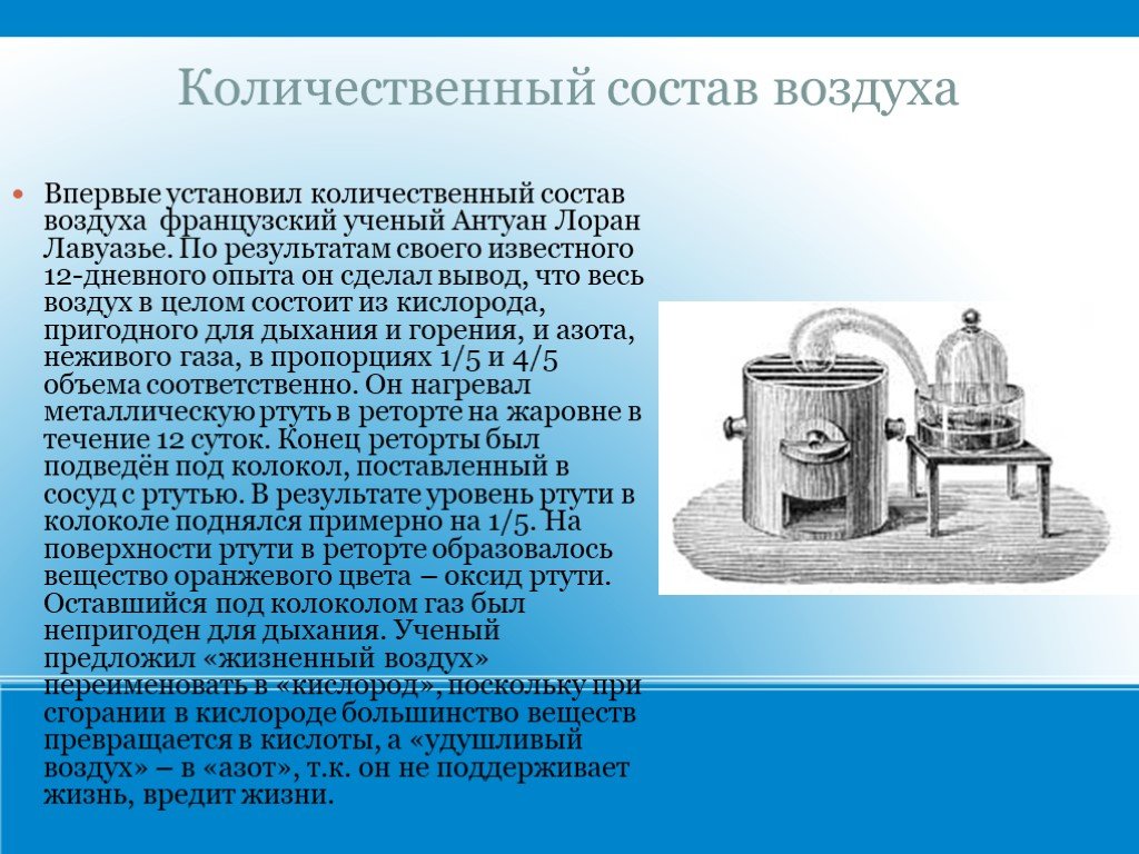 Воздух химия 8. Опыт Лавуазье состав воздуха. Количественный состав воздуха. Воздух опыт Лавуазье. Опыт Лавуазье по определению состава воздуха.