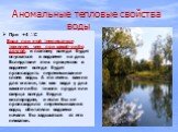 Аномальные тепловые свойства воды. При +4 ํํС Вода при этой температуре тяжелее, чем при какой-либо другой, и поэтому всегда будет опускаться в водоеме на дно. Вследствие этих процессов в водоеме всегда будет происходить перемешивание слоев воды. А это очень важно для жизни, так как вода у дна каког