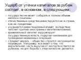 Ущерб от утечки капиталов за рубеж состоит, в основном, в следующем: государство не может собирать в полном объеме налоги и пошлины; отечественные средства инвестируются не в стране, а за ее пределами; ухудшается инвестиционный климат, вследствие чего нет притока иностранных капиталовложений; кримин