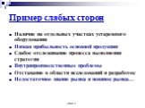 Пример слабых сторон. Наличие на отдельных участках устаревшего оборудования Низкая прибыльность основной продукции Слабое отслеживание процесса выполнения стратегии Внутрипроизводственные проблемы Отставание в области исследований и разработок Недостаточное знание рынка и новинок рынка…