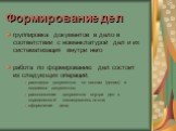 Формирование дел. группировка документов в дело в соответствии с номенклатурой дел и их систематизация внутри него работа по формированию дел состоит из следующих операций: раскладка документов по папкам (делам) и подшивка документов; расположение документов внутри дел в определенной последовательно