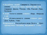 К бассейнам морей Северного Ледовитого океана относятся такие крупные реки, как Северная Двина, Печора, Обь, Енисей, Лена, Колыма. В моря Тихого океана стекают Амур, Анадырь и др. В моря Атлантического океана стекают реки Дон, Кубань, Нева. Впадающие в Каспийское море Волга и Урал принадлежат бассей