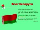 Страна моя, родная Беларусь, Пусть над тобой всегда свободно реет Наш флаг, в котором радостно слились Цвета, которые нам всех милее: Зеленый цвет полей, лугов, лесов, И красный цвет- цвет жизни и надежды, И белый цвет, как символ всех веков, Хранящих в сердце и любовь, и верность.