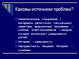 Каковы источники проблем? Нежелательное содержание ( материалы расистского, сексуального характера, вредоносные программы – шпионы, атаки мошенников – хакеров, которые используют доверчивость детей); Интернет – зависимость; Некорректность общения, Интернет – хулиганы.