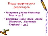 Виды графических редакторов. Растровые (Adobe Photoshop, Paint и др.) Векторные (Corel Draw, Adobe Illustrator, Micromedia Freehand и др.)