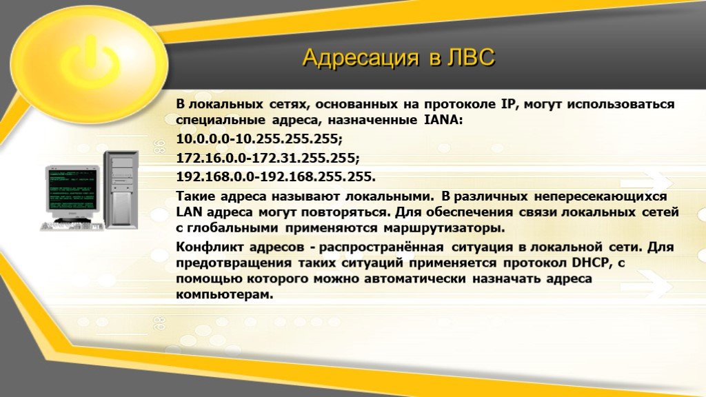 Специальные адреса. Компьютерные сети презентация 9 класс. В локальных компьютерных сетях используется протокол:. Эта сетевая часть адреса присваивается поставщиком.