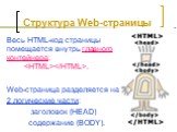 Весь HTML-код страницы помещается внутрь главного контейнера: . Web-страница разделяется на 2 логические части: заголовок (HEAD) содержание (BODY).
