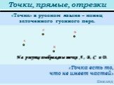 Точки, прямые, отрезки. «Точка» в русском языке – конец заточенного гусиного пера. A C B D. «Точка есть то, что не имеет частей» Евклид. На рисунке изображены точки А , В , С и D.