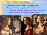 Симонетта Веспуччи –любимица Флоренции ,Медичи и Ботичелли. Художник считал её идеалом красоты и изображал в образе Весны, Афродиты, Юдифи, Марии.