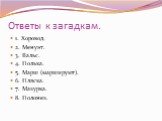 Ответы к загадкам. 1. Хоровод. 2. Менуэт. 3. Вальс. 4. Полька. 5. Марш (маршируют). 6. Пляска. 7. Мазурка. 8. Полонез.