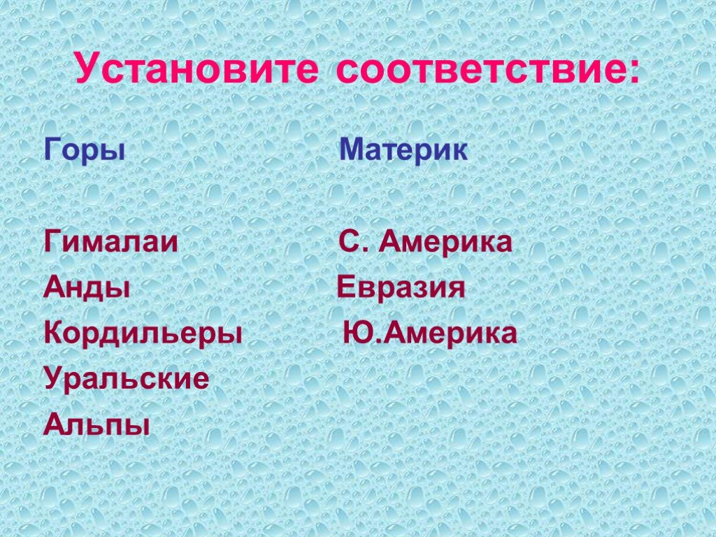 Установите соответствие горы. Гималаи Альпы Кордильеры Анды. Установите соответствие горы материки. Установите соответствие Гималаи Анды Кордильеры.