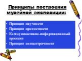 Принципы построения музейной экспозиции: Принцип научности Принцип предметности Коммуникативно-информационный принцип Принцип концентричности