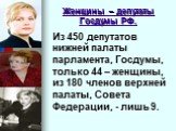 Женщины – депутаты Госдумы РФ. Из 450 депутатов нижней палаты парламента, Госдумы, только 44 – женщины, из 180 членов верхней палаты, Совета Федерации, - лишь 9.