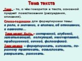 Тема текста. Тема – то, о чём говорится в тексте, основной предмет повествования (рассуждения, описания). Слова-подсказки для формулировки темы: о роли, о значении, о влиянии, об отношении, о важности… Тема может быть – интересной, глубокой, захватывающей, волнующей, неисчерпаемой, традиционной, веч