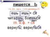 пишется Ь. гл. 2л., ед.ч. ( что делаешь?) ешь ишь + ся читаешь, боишься гл. н.ф. + ся вернуть, вернуться