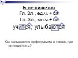 Ь не пишется. Гл. 3л., ед.ч. + ся Гл. 3л., мн.ч.+ ся учится, улыбаются Как называется орфограмма в слове, где не пишется ь?