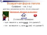 Возвратная форма глагола. Суффикс – ся, (- сь) действие, направлено на того, кто его совершает Запомни! Входит в основу! ся 2 способа проверки: - ться пишется ь, если в н.ф. (что делать?) - тся не пишется ь, если 3л.(он)( что делает?)