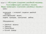 Уроки1-2 «История создания швейной машины. Классификация швейных машин. Виды приводов. Строение швейных машин.». Цель: ознакомить с историей создания швейной машины, классификацией машин, видами приводов, принципами работы Оборудование: Швейные машины Таблицы, Презентация Ручной привод