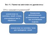 Тест 4. Разметка заготовок из древесины. 1)Что называется разметкой? а)нанесение на заготовку линий и точек, указывающих места обработки; в)нанесение на заготовку точек для проведения линий. б)нанесение дополнительных, вспомогательных линий при изготовлении изделия;