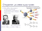 Открытие деления ядер урана. В 1938г. (1939г.) - было открыто деление ядер урана при бомбардировке их нейтронами учеными Отто Ганом и Фрицем Шрассманом. Отто Ган (1879-1968г.г.). Фриц Штрассман (1902-1980г.г.)