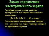 Закон сохранения электрического заряда. Алгебраическая сумма зарядов электрически изолированной системы постоянна: Q1 + Q2 + Q3 + + + Qn = const Электрически изолированная система тел – система тел, через границу которой не проникают заряды