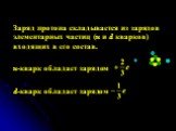 Заряд протона складывается из зарядов элементарных частиц (u и d кварков) входящих в его состав. u-кварк обладает зарядом d-кварк обладает зарядом