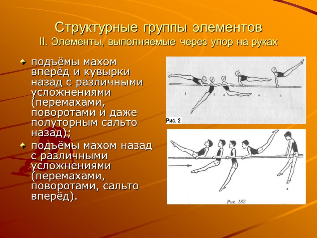 Элемент выполнен. Упор на параллельных брусьях. Подъем махом назад из упора на руках.. Подъем махом назад на брусьях. Подъем махом вперед.