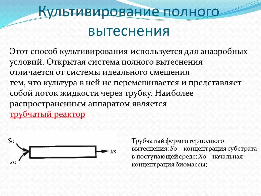 Метод вытеснения. Системы культивирования полного вытеснения. Процесс полного вытеснения. Возможности культуры полного вытеснения. Трубчатый ферментер используется для культивирования.