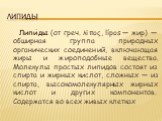 Липиды. Липи́ды (от греч. λίπος, lípos — жир) — обширная группа природных органических соединений, включающая жиры и жироподобные вещества. Молекулы простых липидов состоят из спирта и жирных кислот, сложных — из спирта, высокомолекулярных жирных кислот и других компонентов. Содержатся во всех живых