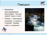 Паводок. Внезапный кратковременный регулярный подъем уровня воды в реке Связан с обильными дождями, оттепелью и резким таянием снега и ледников