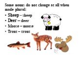 Some nouns do not change at all when made plural: Sheep - sheep Deer – deer Moose – moose Trout – trout