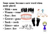 Some nouns become a new word when made plural: Man – men Woman – women Foot - feet Goose – geese Tooth – teeth Mouse – mice Louse - lice