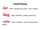 Small things: let = small, unimportant: piglet, owlet, booklet ling = small: duckling, gosling, princeling ette = small, imitation: cigarette, kitchenette, diskette