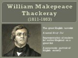 William Makepeace Thackeray (1811-1863). The great English novelist A novel Vanity Fair Representation of modern for author England as a great fair A panoramic portrait of English society