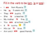 Fill in the verb to be (am, is or are): I _____ from Russia. He _____5 years old. They _____pupils. She _____ a teacher. My mother _____ fine. You _____ at school now. It _____sunny. His car _____ blue. Ann and I _____ good friends. is are am