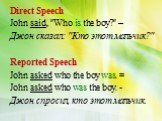 Direct Speech John said, "Who is the boy?" – Джон сказал: "Кто этот мальчик?" Reported Speech John asked who the boy was. = John asked who was the boy. - Джон спросил, кто этот мальчик.
