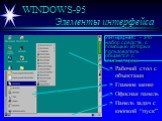 WINDOWS-95 Элементы интерфейса. Рабочий стол с объектами Главное меню Офисная панель Панель задач с кнопкой “пуск”. Интерфейс - это набор средств, с помощью которых пользователь общается с компьютером.