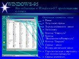 WINDOWS-95 Все объекты в Windows-95 представлены в окнах. Основные элементы окна Рамка Титульная строка Значок системного меню Заголовок Кнопка “Свернуть” Кнопка “Восстановить/Развернуть” Кнопка “Закрыть” Строка - меню Инструментальное меню Горизонтальная и вертикаль - ная полосы прокрутки Строка со
