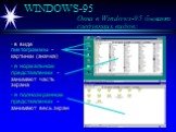 WINDOWS-95 Окна в Windows-95 бывают следующих видов: в виде пиктограммы - картинки (значка) в нормальном представлении - занимают часть экрана в полноэкранном представлении - занимают весь экран