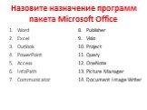 Назовите назначение программ пакета Microsoft Office. Word Excel Outlook PowerPoint Access InfoPath Communicator. Publisher Visio Project Query OneNote Picture Manager Document Image Writer
