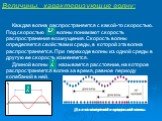 Каждая волна распространяется с какой-то скоростью. Под скоростью волны понимают скорость распространения возмущения. Скорость волны определяется свойствами среды, в которой эта волна распространяется. При переходе волны из одной среды в другую ее скорость изменяется. Длиной волны называется расстоя