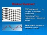 Волны бывают: Поперечные – в которых колебания происходят перпендикулярно направлению движения волны. Возникают только в твердых телах.