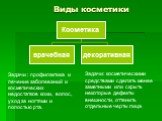 Виды косметики. Задачи : профилактика и лечение заболеваний и косметических недостатков кожи, волос, уход за ногтями и полостью рта. Задачи: косметическими средствами сделать менее заметными или скрыть некоторые дефекты внешности, оттенить отдельные черты лица.